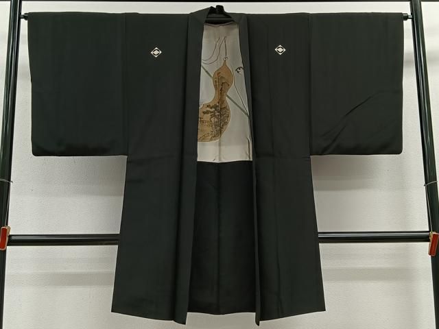 平和屋着物∞男性　長羽織　黒紋付　羽裏：瓢箪　正絹　逸品　CABE4957ua