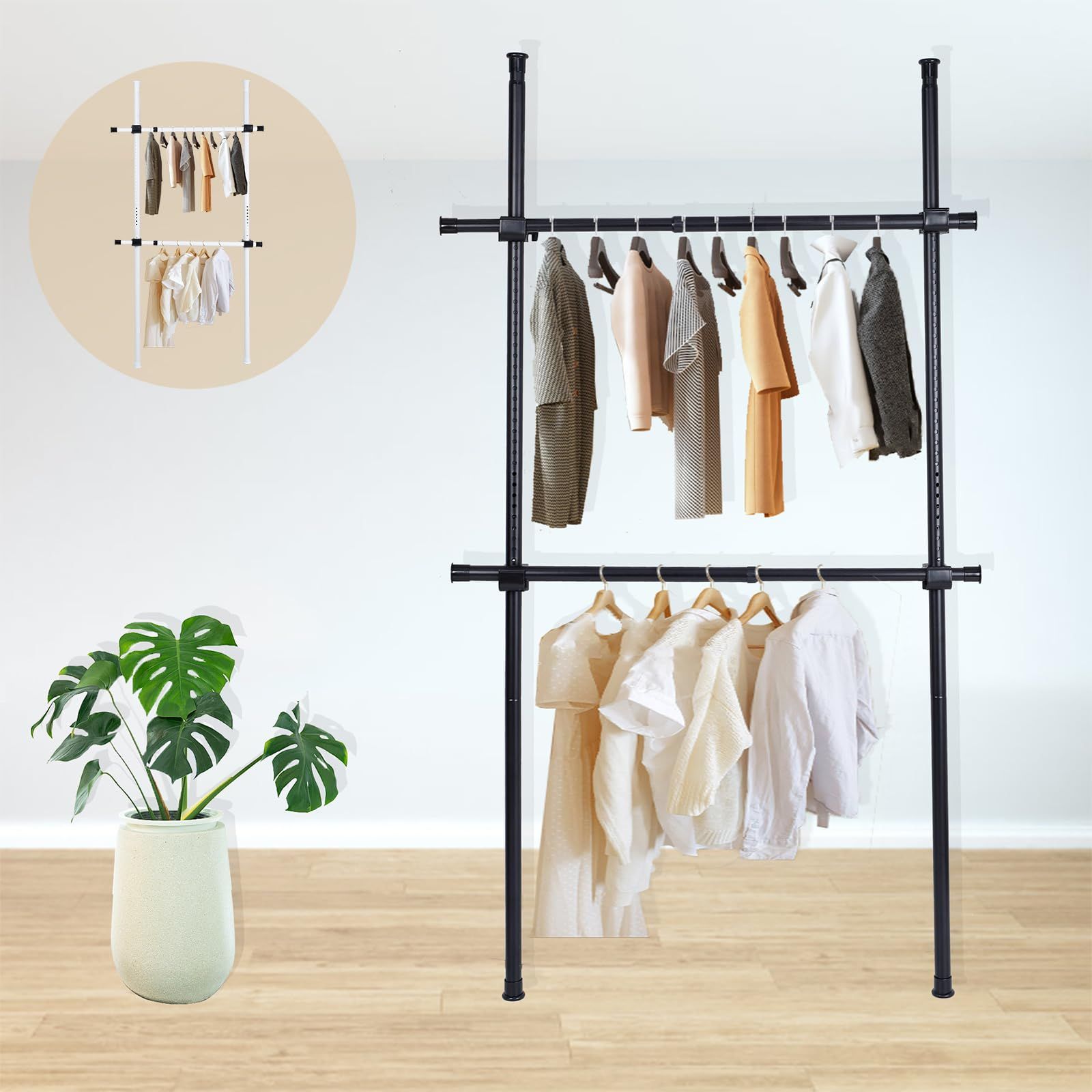 ハンガーラック DEWEL 突っ張り ポールハンガー 幅約75-120cm 高さ約110-310cm ダブル 耐荷重100kg 頑丈 かんたん設置 衣類ラック スリム 説明書付き ブラック(BK)