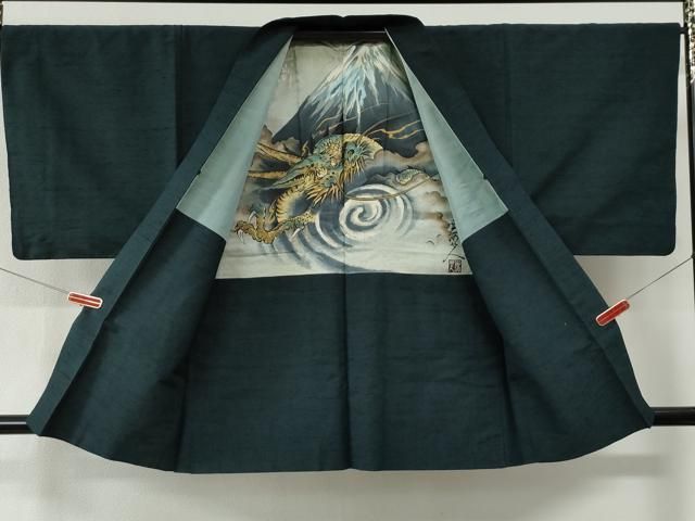 平和屋着物○男性 紬 アンサンブル 色無地 褐返色 羽裏：富士山・鷹