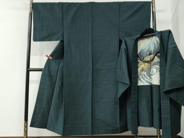 平和屋着物●男性　紬　アンサンブル　色無地　褐返色　羽裏：富士山・鷹　正絹　逸品　CABE2747yc 平和屋着物○男性 紬 アンサンブル 色無地 褐返色 羽裏：富士山・鷹
