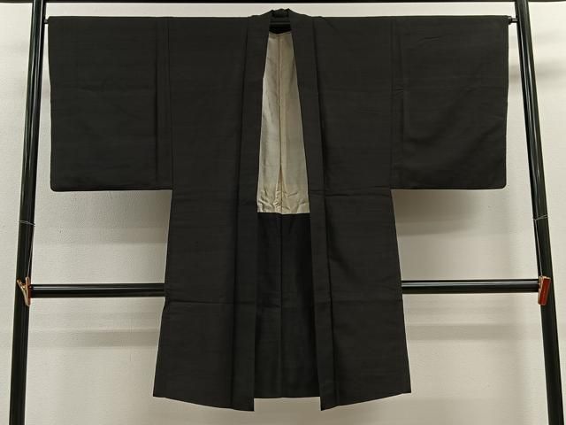 平和屋着物∞男性　長羽織　紬地　暗黒色　正絹　逸品　CABE4943ua