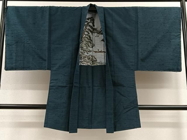 平和屋着物∞男性　長羽織　髭紬　高麗納戸色　正絹　逸品　未使用　CABE4949ua