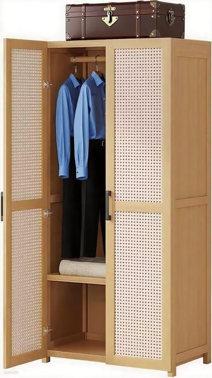 TUIYIDUO ワードローブ ハンガーラック 天然竹材 クローゼット 2 枚扉 幅 60cm 堅牢 洋服収納タンス 衣類小物 収納棚 防塵対応 防潮対応 高通気性 スリムタイプ 組立容易 ワンルーム・ゲストルーム・学生寮向け 日本語説明書同梱 (60x42x