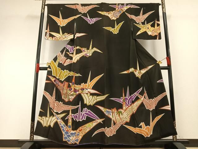 平和屋着物●アンティーク　大正ロマン　訪問着　刺繍　折鶴　黒地　正絹　逸品　AABH4653fy