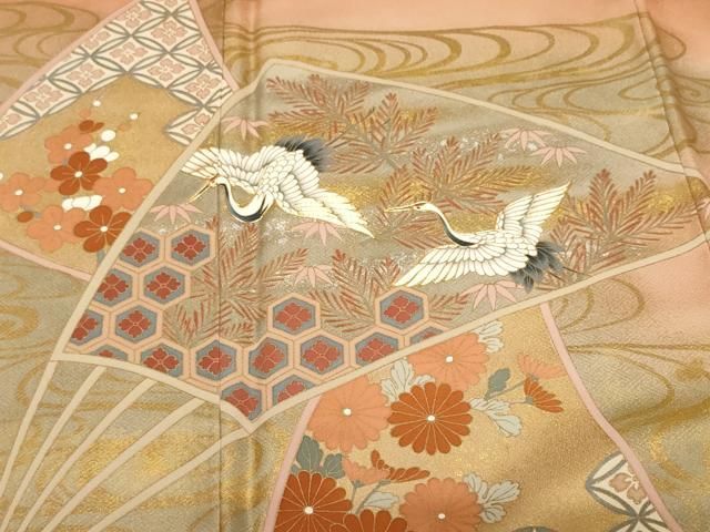 平和屋着物●訪問着　駒刺繍　扇飛鶴花文　暈し染め　金彩　ロング丈　正絹　逸品　DABB9752du 平和屋着物□豪華黒留袖 駒刺繍 扇面飛鶴花文 金彩 正絹 逸品