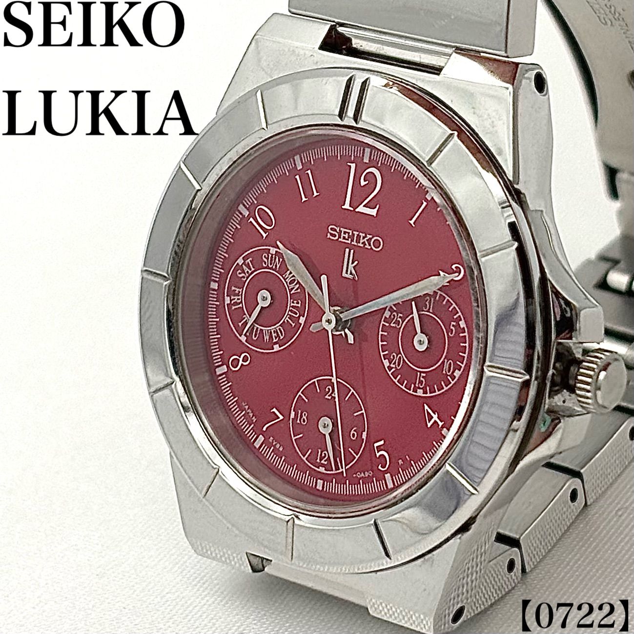 稼働品 Working item セイコー ルキア SEIKO LUKIA 腕時計 レディース Ladies クォーツ Quartz 5Y89-0B30 レッド文字盤 赤 トリプルカレンダー アナログ 丸型 デイデイト ステンレススチール　0722