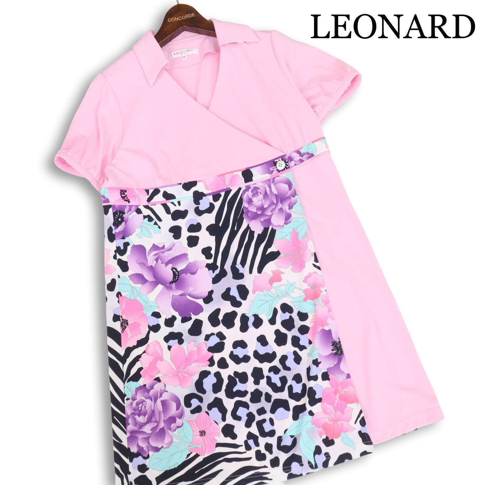 【美品】LEONARD フラワーパターン 半袖チュニック LEONARD 花柄 半袖チュニック 42 LEONARD レオナール 半袖 大きい