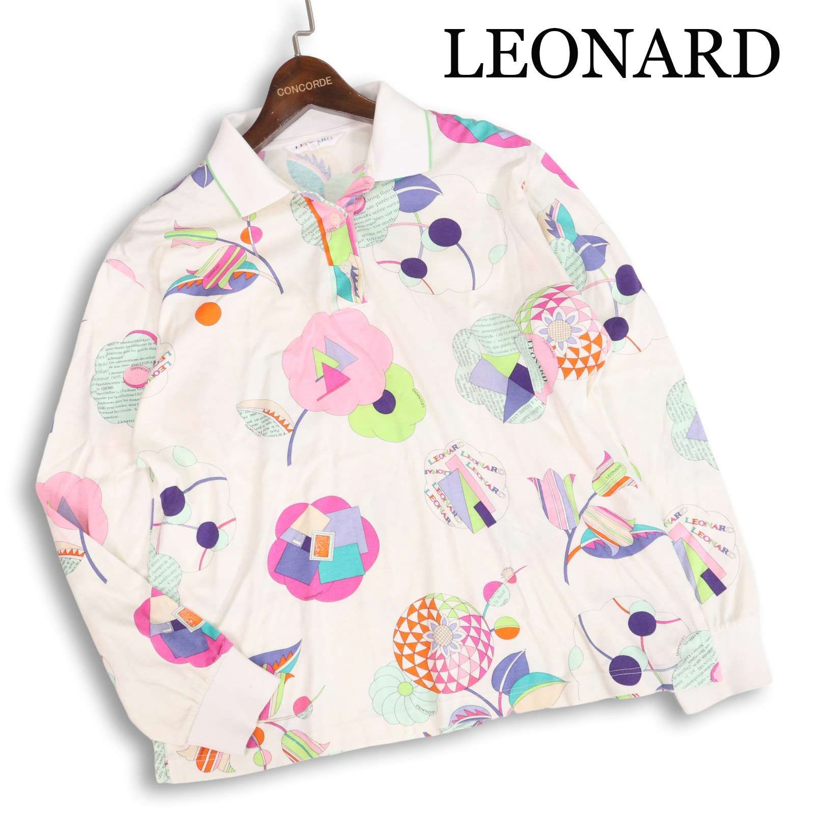 LEONARD レオナール 通年 花柄 総柄♪ 長袖 ポロシャツ 日本製 Sz.L レディース