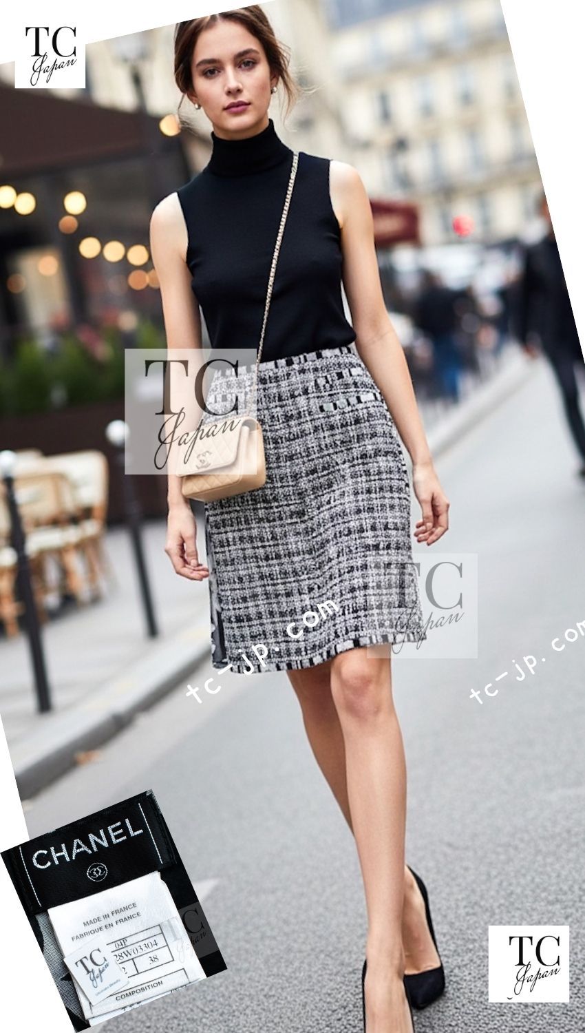 シャネル スカート CHANEL ブラック ホワイト CC ロゴ ウール シルク