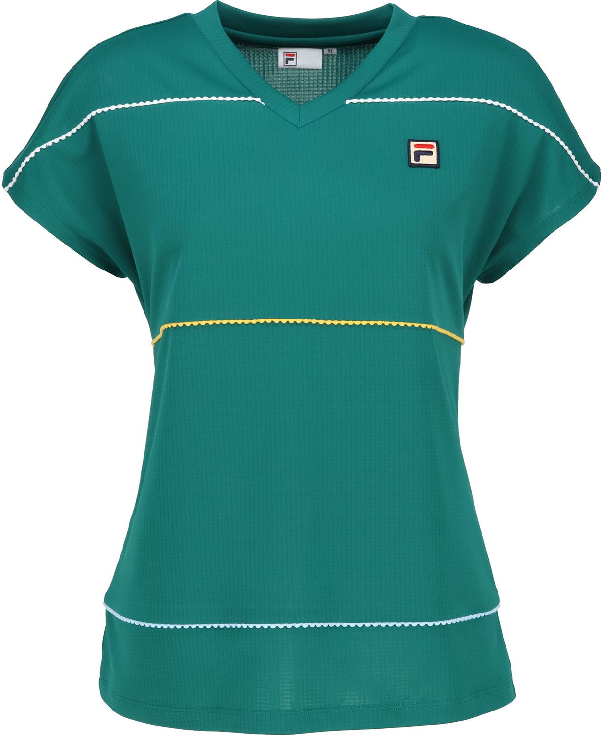 フィラ FILA テニス ゲームシャツ レディース ウィメンズ 女性 テニスウェア Tシャツ トップス 吸水 速乾 UVカット 汗染み防止 ワッフル Vネック パイピング 涼しい 高機能 CZ6SGW016 DGN ダークグリーン