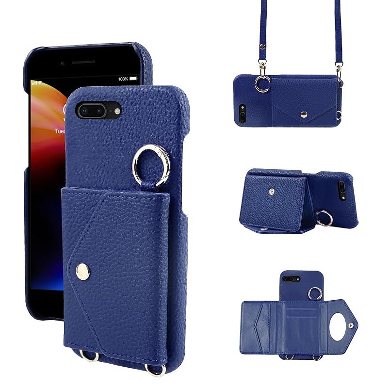 【新品】 CASAFUNY iphone8plus/iphone7plus ケース 手帳型 ショルダー 調節可能なショルダーストラップ 首掛け 肩掛け 斜めがけ レディース 化粧鏡 カードケース 携帯カバー アイフォン8プラス ケー
