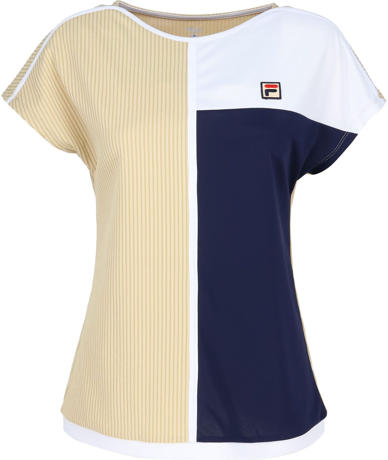 フィラ FILA テニス ゲームシャツ レディース ウィメンズ 女性 テニスウェア Tシャツ トップス 半袖 メッシュ 吸水 速乾 UVカット 高機能 ドライ ボートネック ストライプ CZ6SGW002 OG0 オレンジ