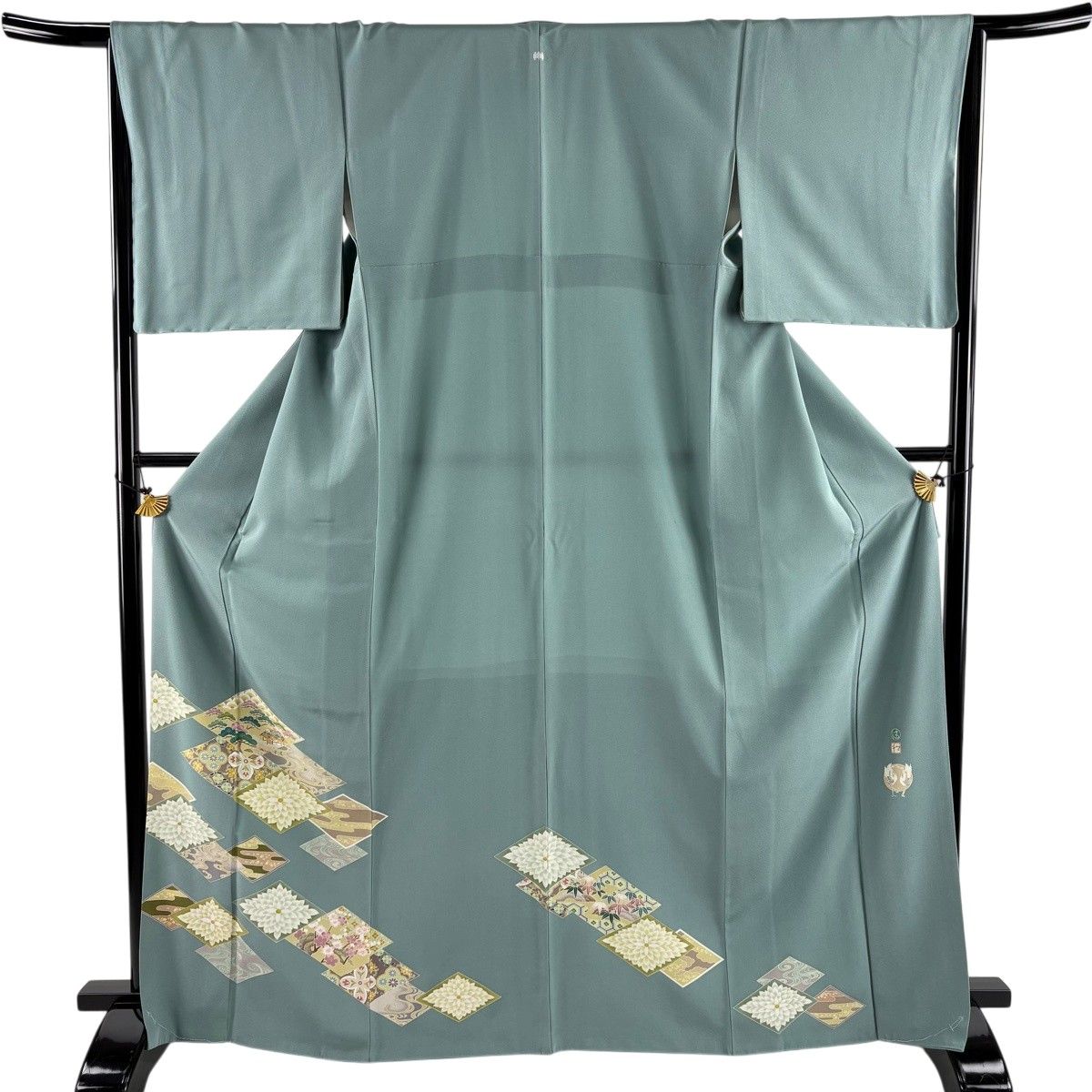色留袖 身丈168cm 裄丈66cm M 袷 松本健一 落款 菱 松竹梅 薄緑 正絹 秀品 一つ紋 【中古】