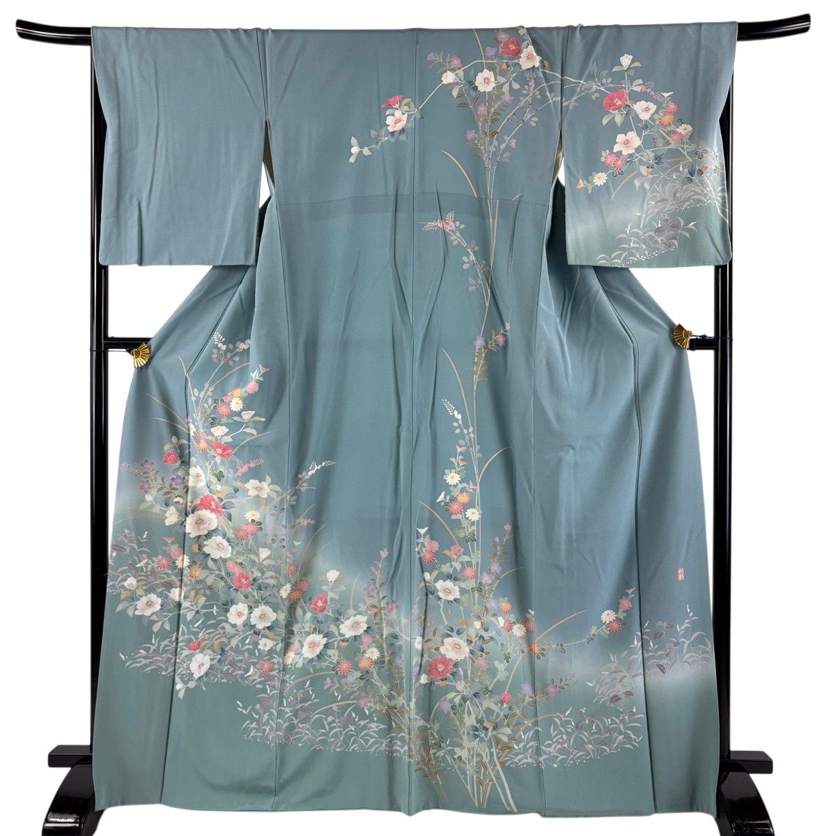 訪問着 身丈168cm 裄丈67.5cm L 袷 落款 椿 草花 染め分け ぼかし 水色