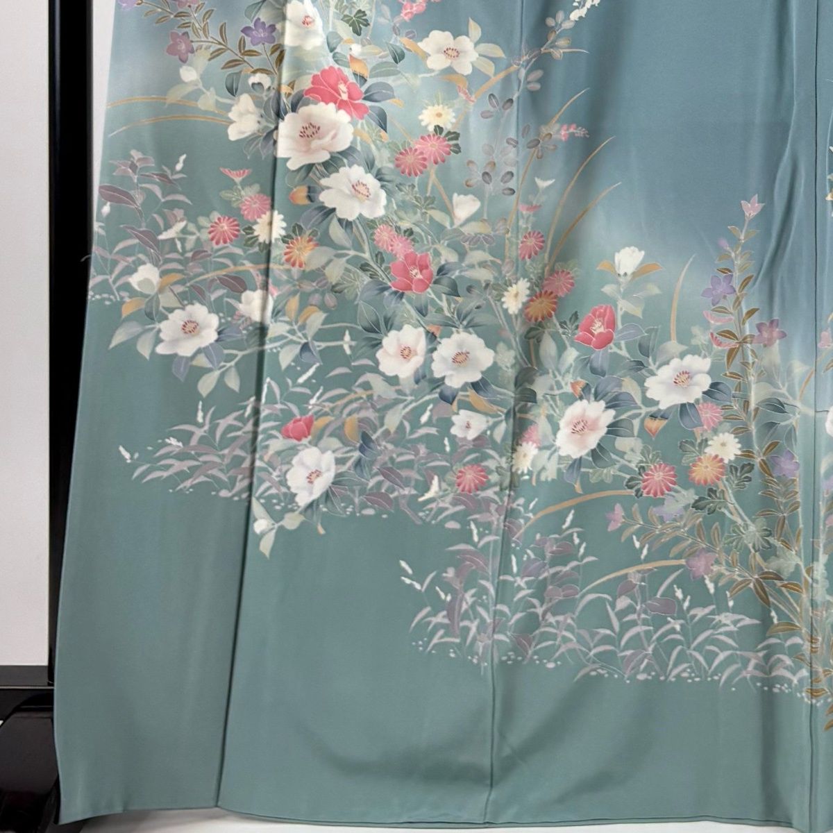 訪問着 身丈168cm 裄丈67.5cm L 袷 落款 椿 草花 染め分け ぼかし 水色