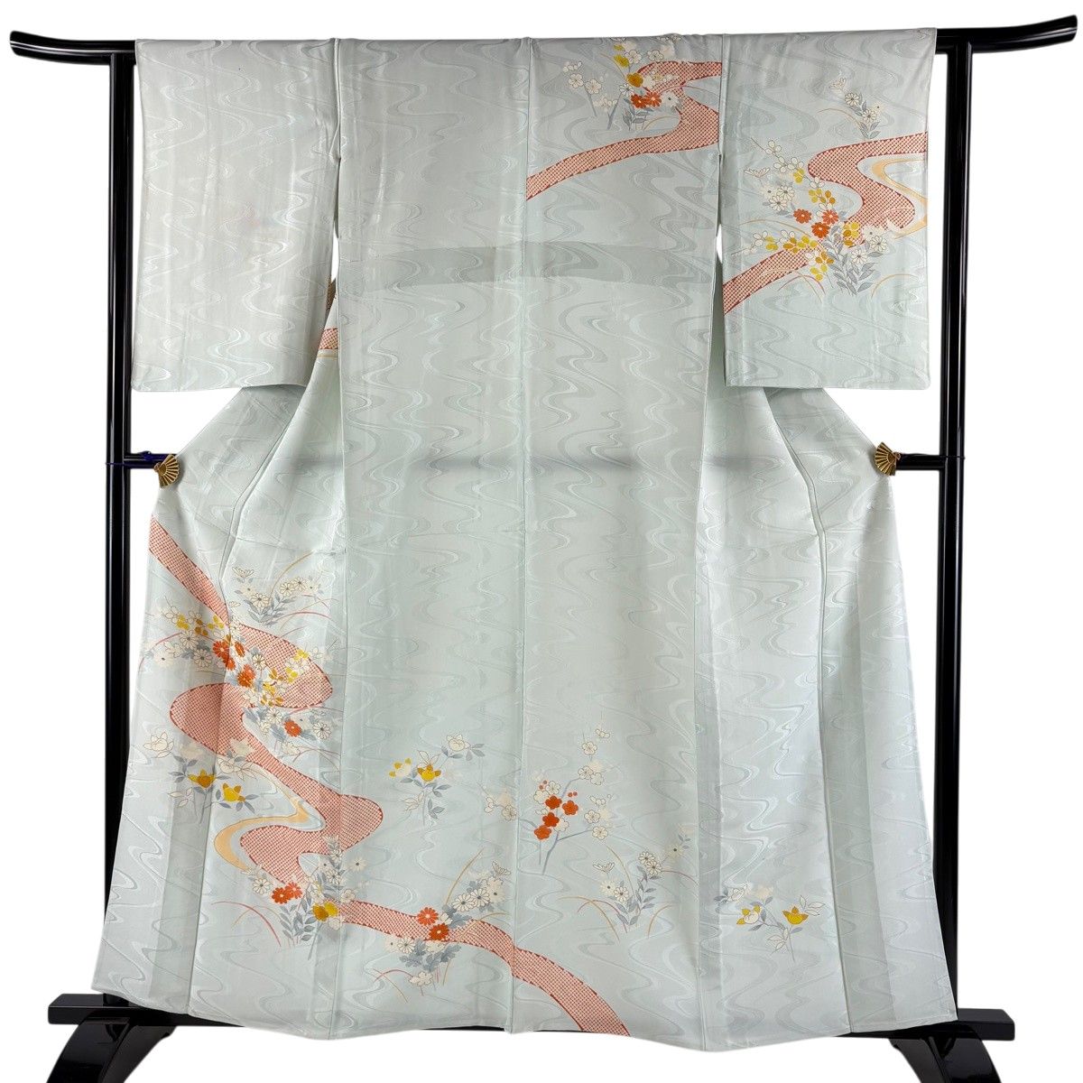 訪問着 身丈158cm 裄丈63cm S 単衣 秋草 流水 金糸 金彩 薄緑 正絹