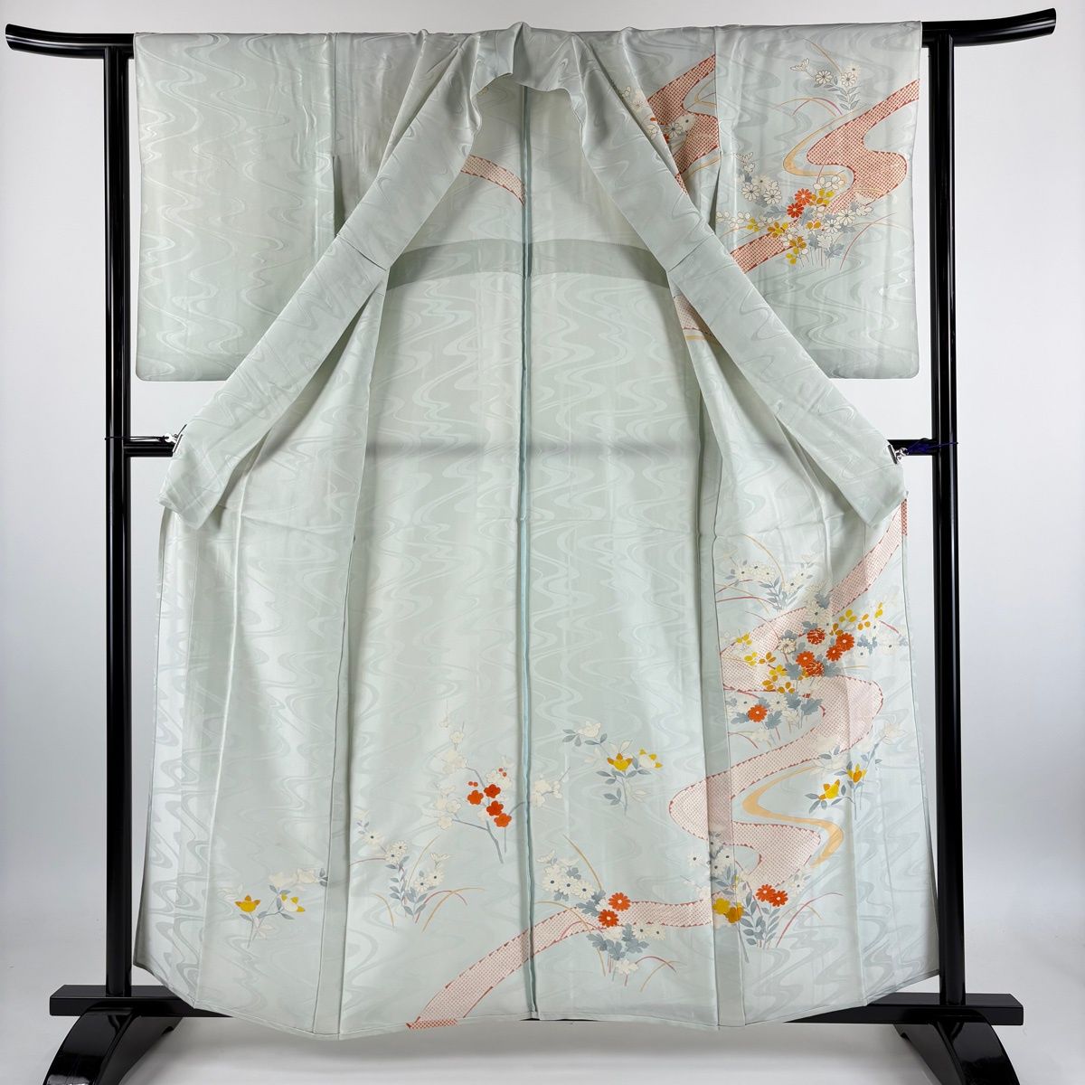 訪問着 身丈158cm 裄丈63cm S 単衣 秋草 流水 金糸 金彩 薄緑 正絹