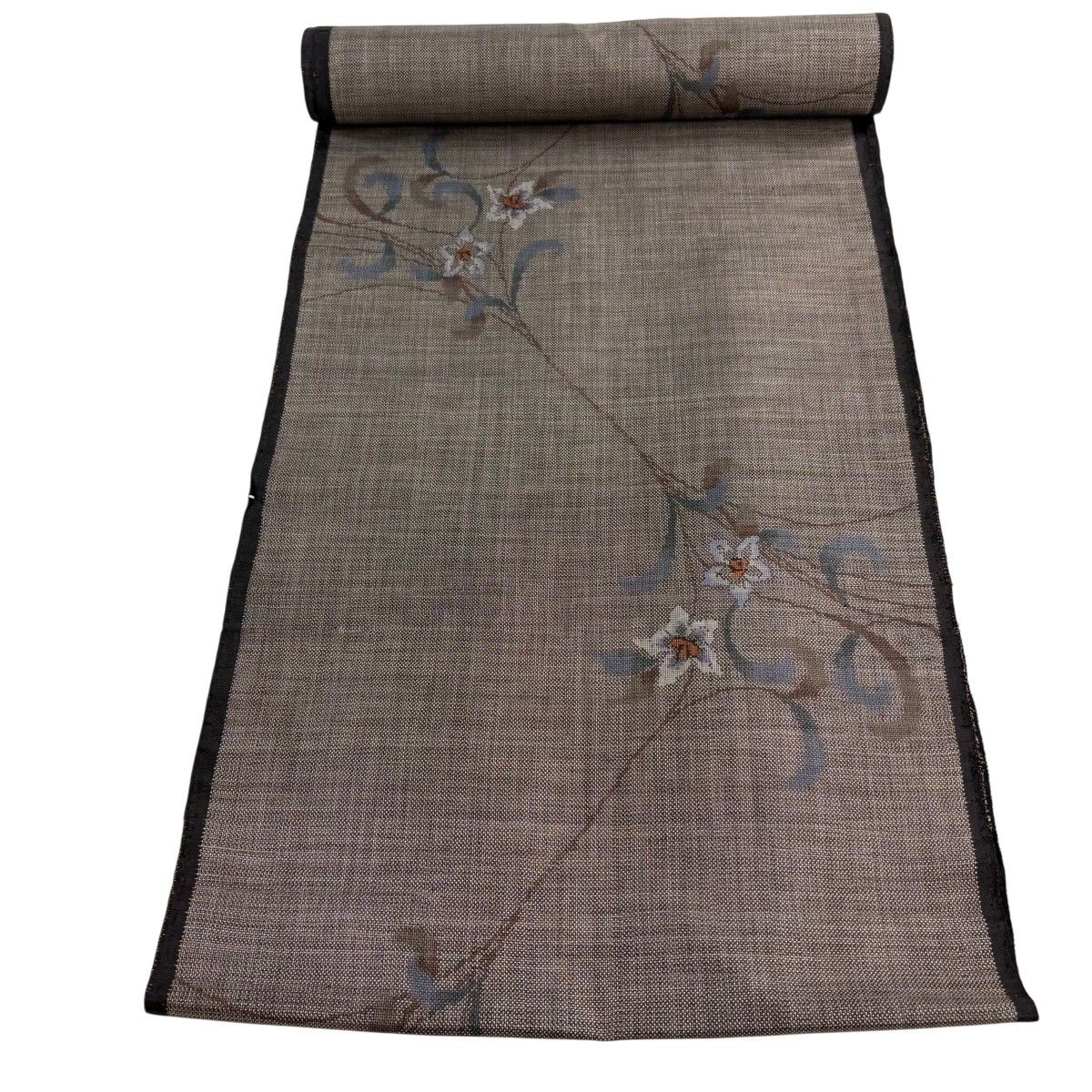 反物 秀品 紬 草花 灰茶 正絹 【中古】