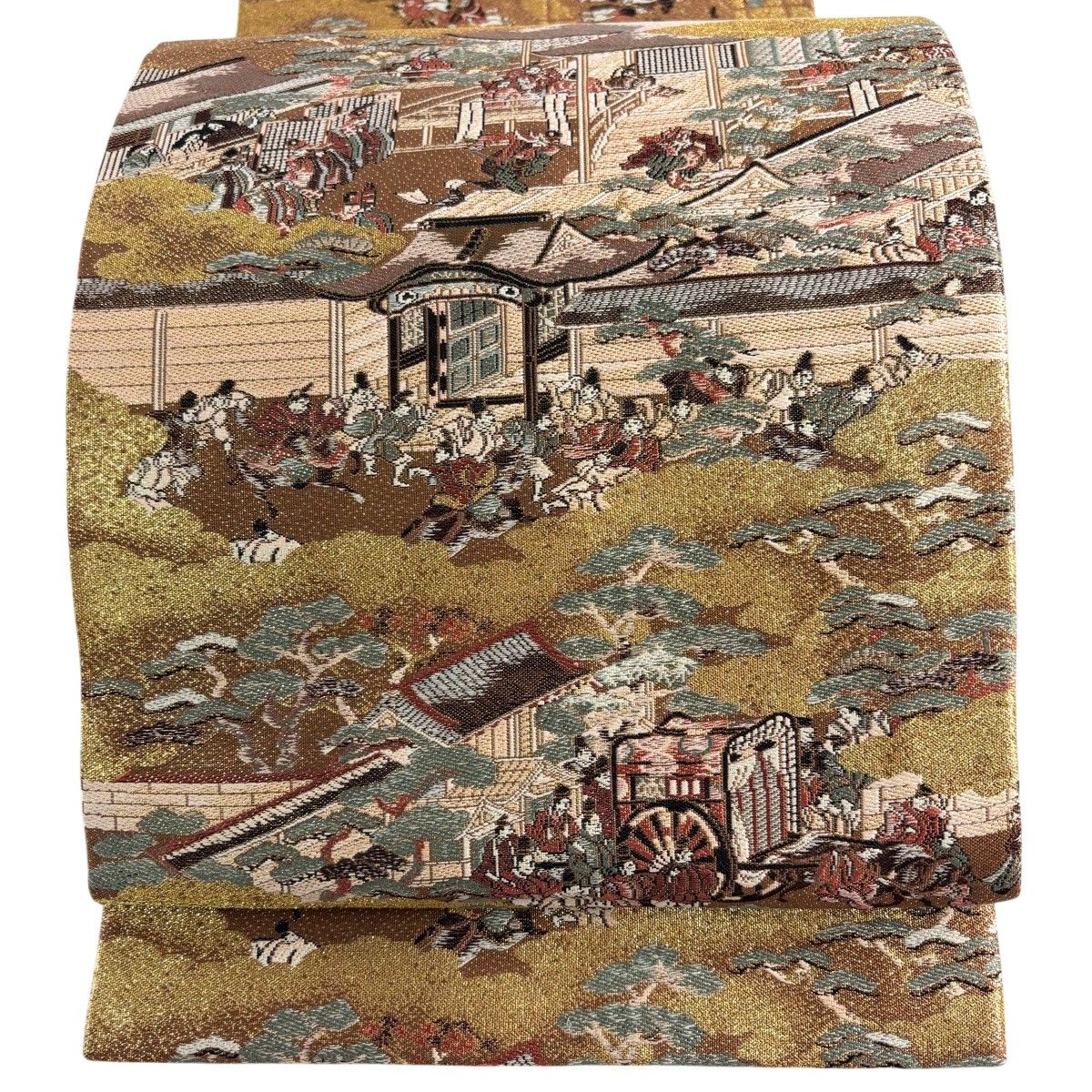 【美品】 丸帯 名品 建物 人物 箔 金糸 金色 お太鼓柄 正絹 【中古】