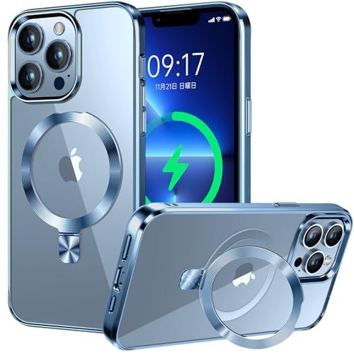 【CD MagSafeリング・スタンド一体】iPhone13 Pro 用クリアケース[MagSafe対応・隠しスタンド] [本体の色・メッキバンパー]ストラップホール付き 角度調整可 米軍MIL規格取得・耐衝撃 アイホン13 Pro透明ケース スマホケース13