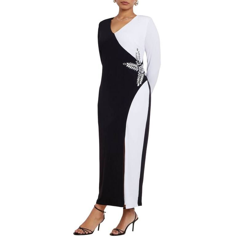 エロクイ レディース トップス ワンピース プラスサイズ カラーブロック マキシ ELOQUII Womens Plusize Colorblock Embellished Maxi Dress Black Onyx Bright ブラック