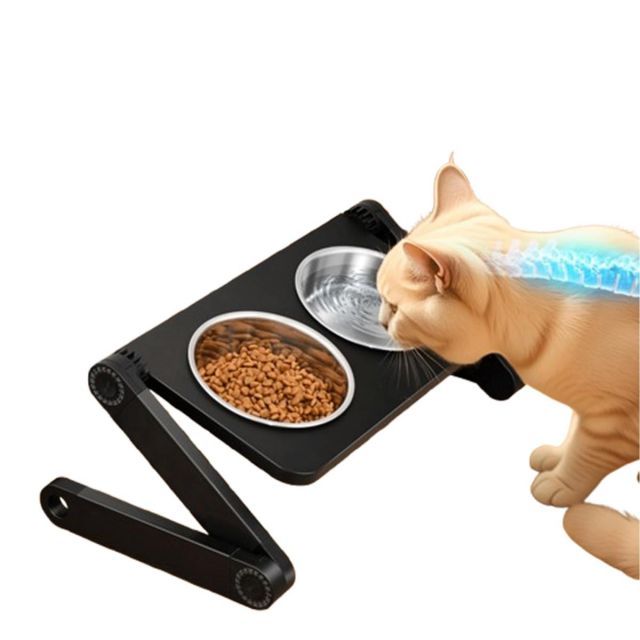 【送料無料】Blissfuhue 高さ調節可能な猫 餌台/犬 えさ皿、取り外し可能なステンレススチールボウル2個付き（深さ5cm）、15°の傾斜設計で首の消化器への圧力を軽減、折りたたみ式収納、小型ペットに適しています（42.5*23CM）