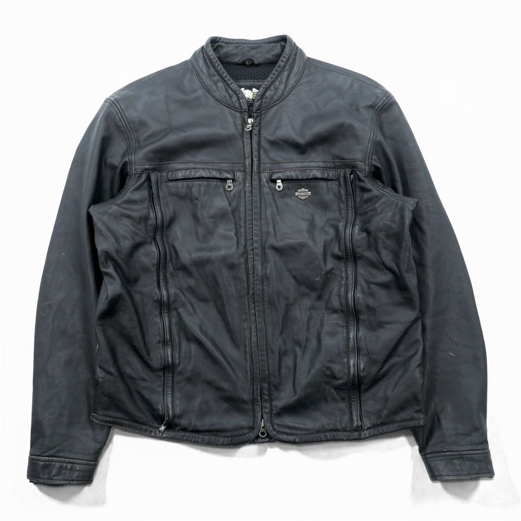 HARLEY DAVIDSON シングル ライダースジャケット L ブラック ダブルジップ レザー 本革 バック エンボスロゴ