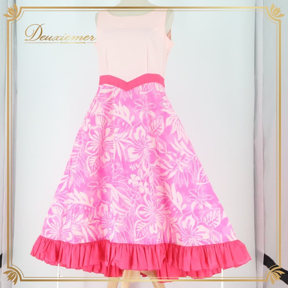 フラダンス 衣装 ALOHA STANDARDS アロハスタンダード ワンピース ドレス ピンク系 日本製 フリル アシンメトリー ノースリーブ ワントーン 花柄 かわいい 華やか 鮮やか 明るい アロハ ハワイアンプリント フラ ダンス レッスン 練習