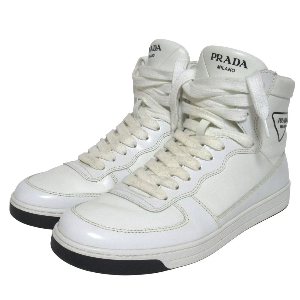 美品 PRADA プラダ トライアングルロゴ レザー ハイカットスニーカー 