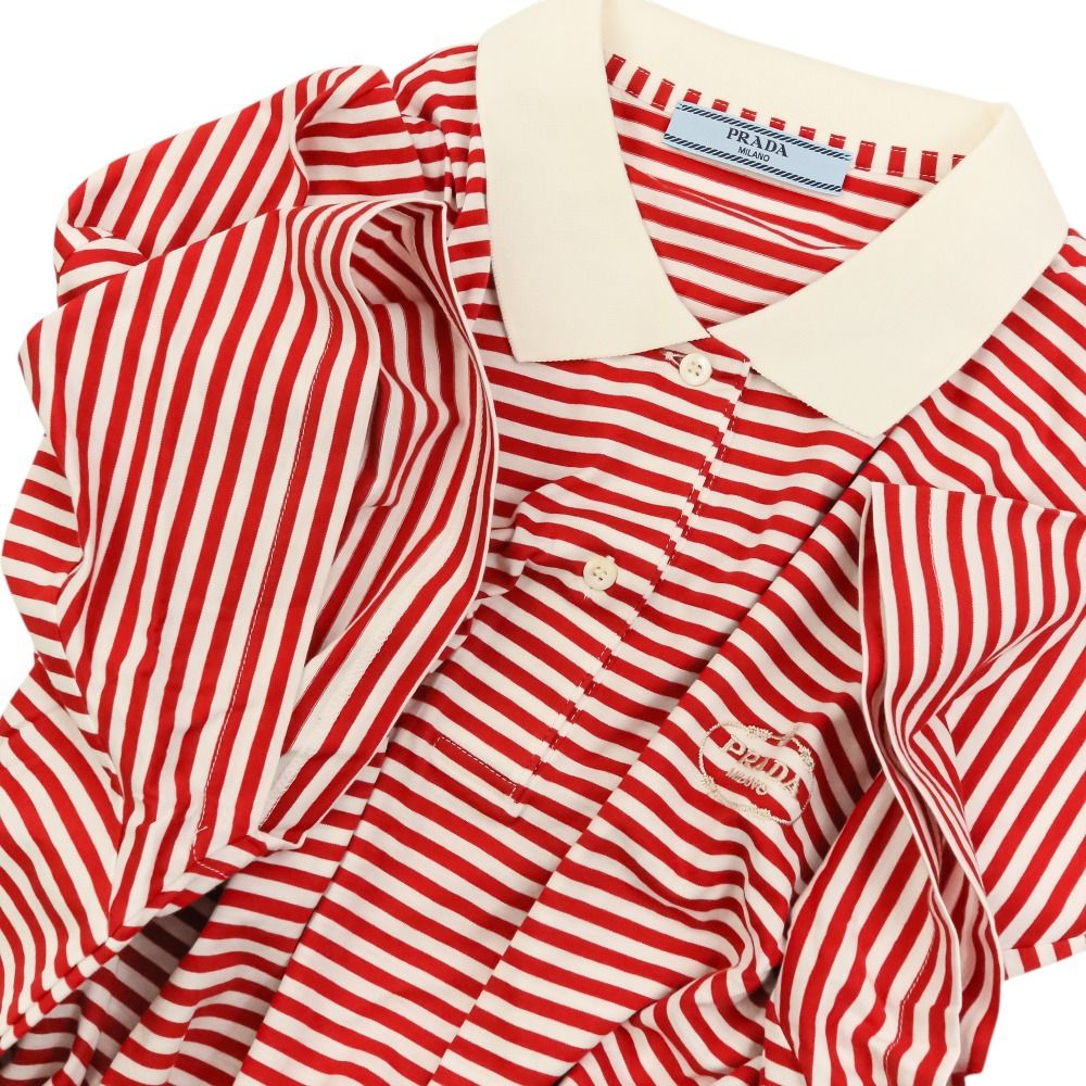 PRADA ホワイトポロシャツ 赤ストライプ 未使用 24年商品 PRADA プラダ ストライプ ジャージー ポロシャツ M