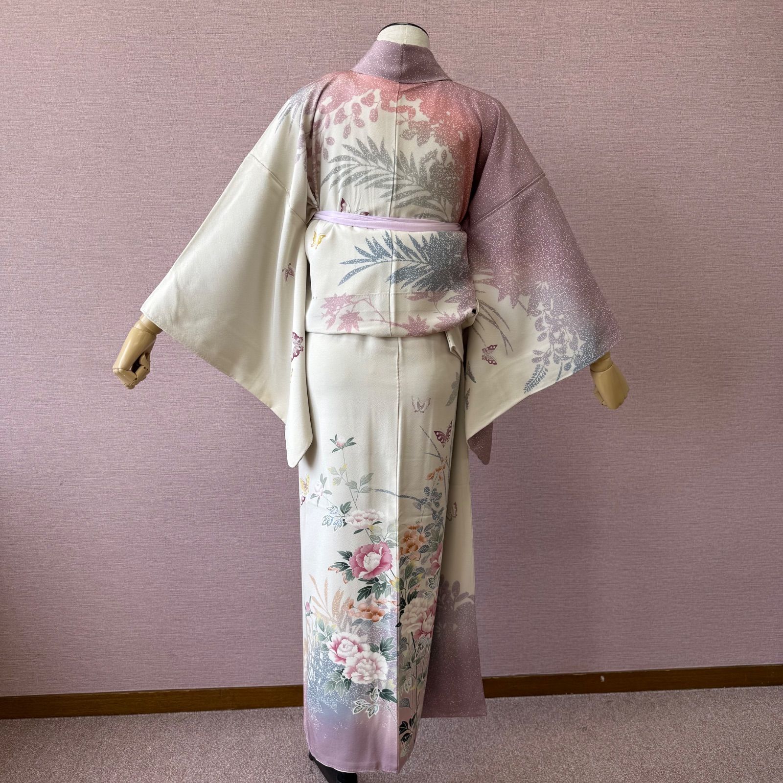 付け下げ 訪問着 着物 袷 紫 ピンク 花柄 蝶 h-1107 - メルカリ