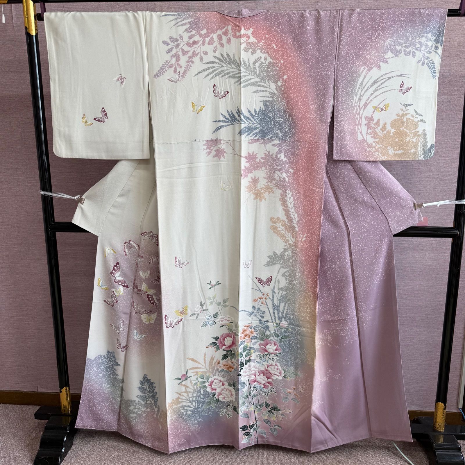 付け下げ 訪問着 着物 袷 紫 ピンク 花柄 蝶 h-1107 - メルカリ