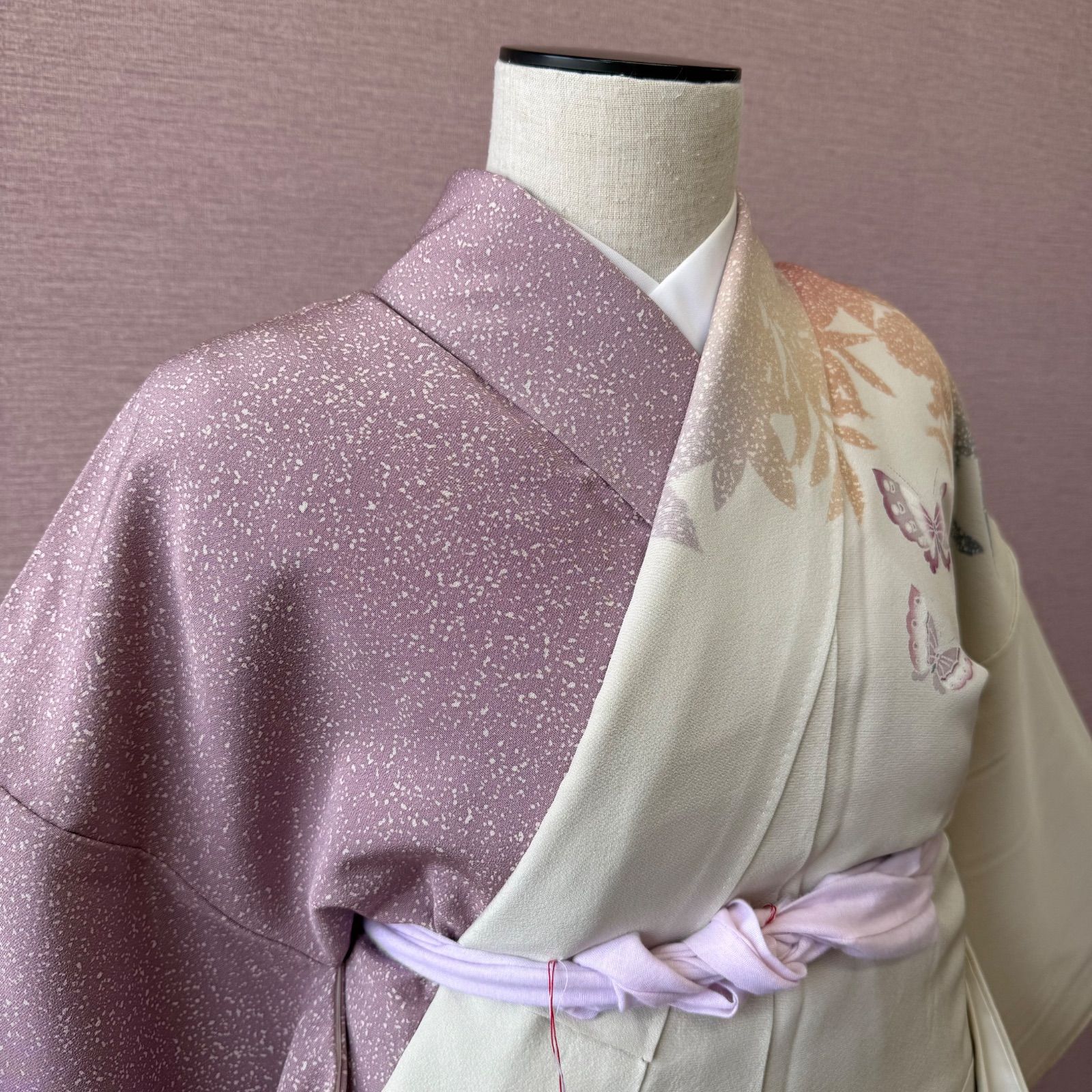 付け下げ 訪問着 着物 袷 紫 ピンク 花柄 蝶 h-1107 - メルカリ