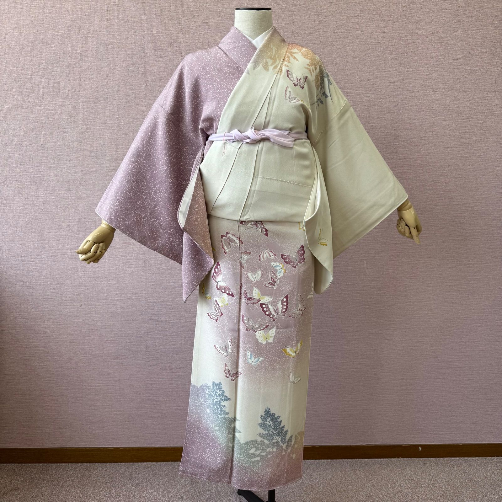 付け下げ 訪問着 着物 袷 紫 ピンク 花柄 蝶 h-1107 - メルカリ