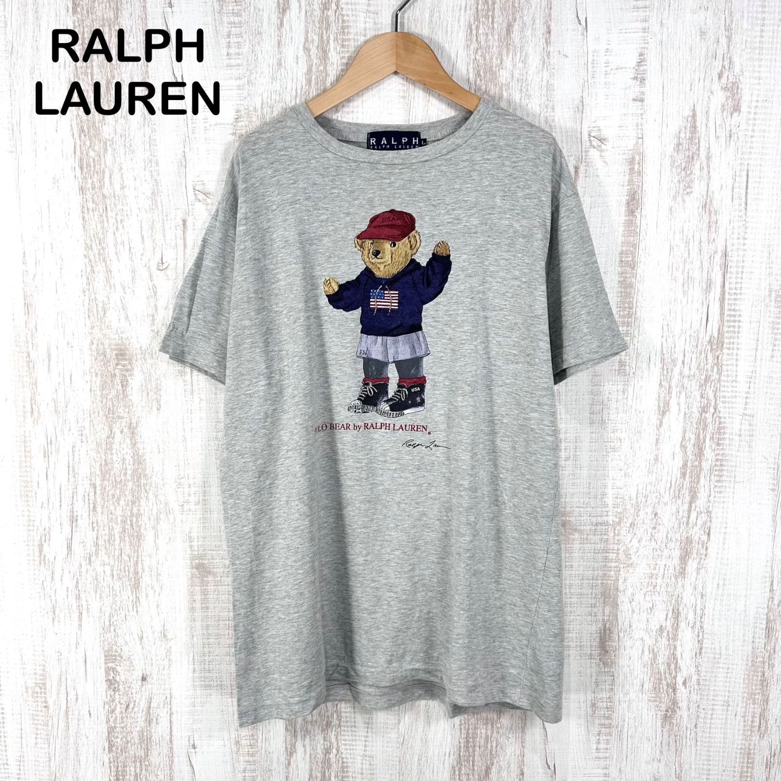 90s RALPH LAUREN ラルフローレン ポロベア プリント Ｔシャツ グレー メンズ 半袖 トップス