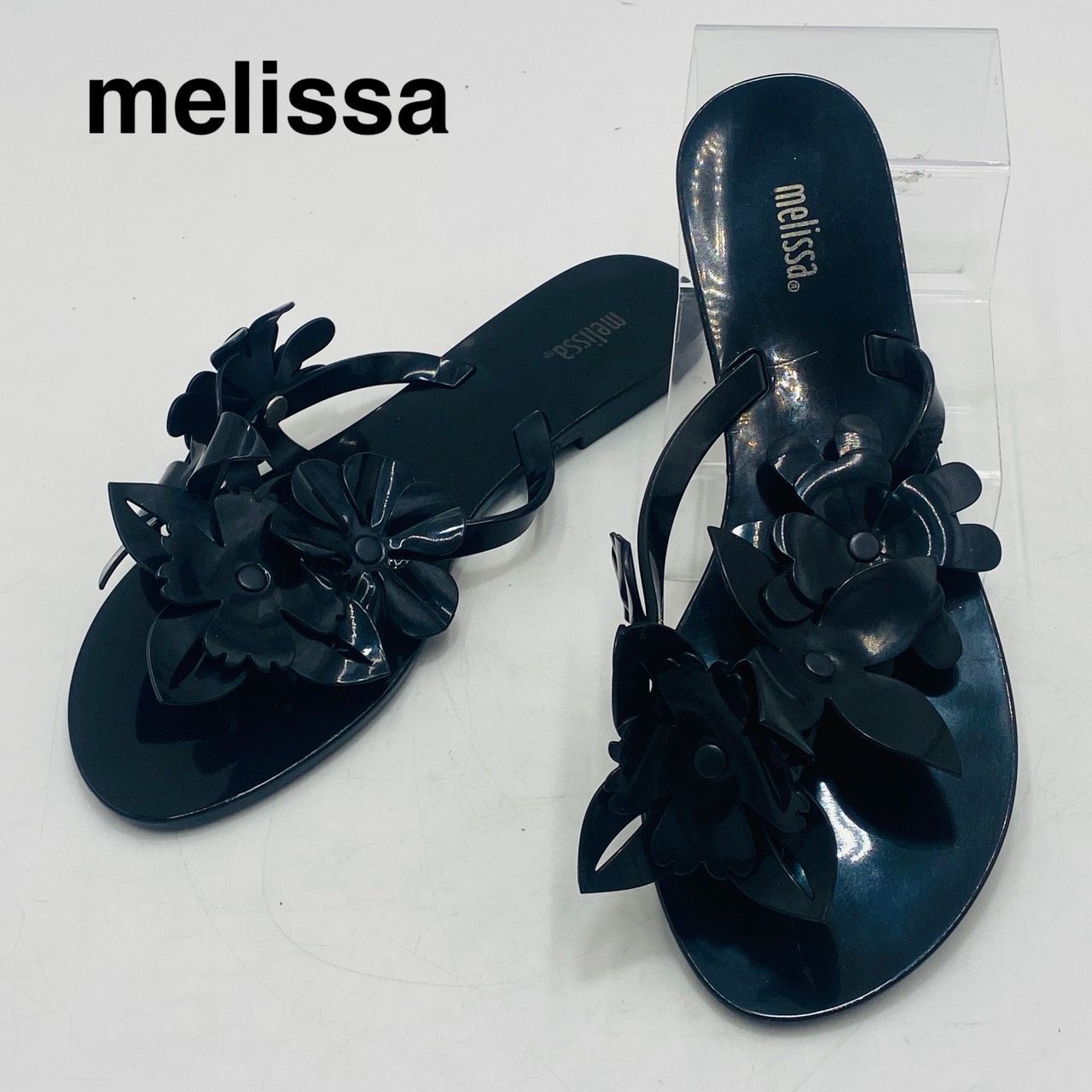 ほぼ未使用　melissa　メリッサ　Harmonic Petals/ハーモニックペタルス　トングサンダル　3Dフラワーモチーフ　24 1/2　ブラック/黒