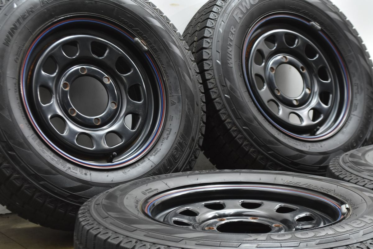 ☆9部山☆　デイトナ　スチールホイール　15インチ　PCD139.7 J数不明　6穴　ET約42　ハブ径約107　Hankook WINTER RW06　195/80R15 2015年 整理番号：NG2024/07/09②　タイヤ・ホイール 15インチ デイトナホイール 4本セット 【15×6.5J+38 6H PCD139.7