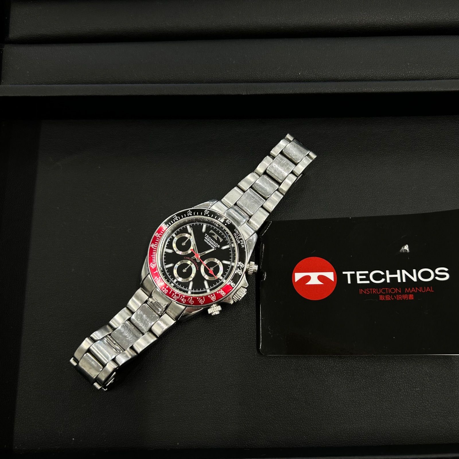 黒/赤 腕時計 クウォーツ TECHNOS テクノス クロノグラフ T4372 BLACK 