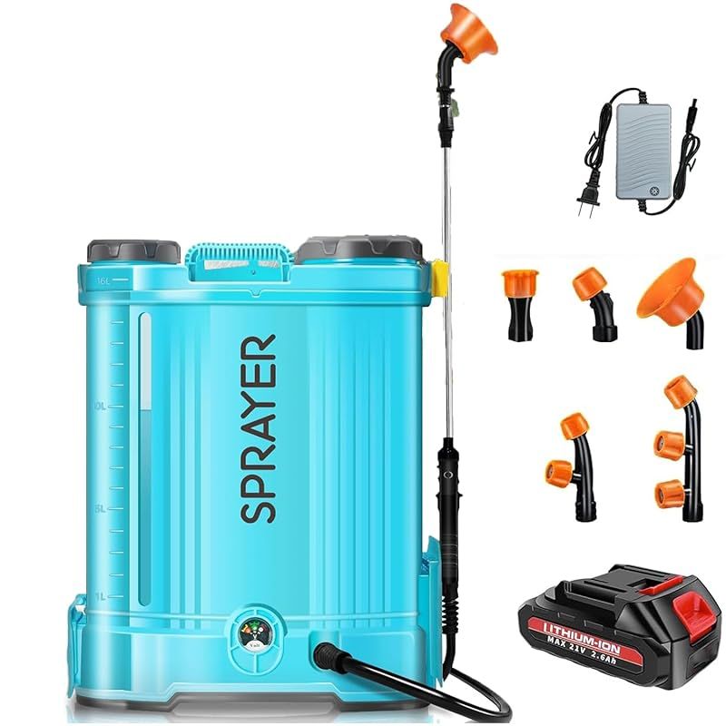 電動噴霧器 (マキタ互換 21V対応) 充電式 背負式16L 混ぜ機能付き 連続自動噴射 互換電池付属 伸縮ノズルレバー/多ノズル対応 静音設計 園芸用(除草剤散布・灌水・洗浄可) 0