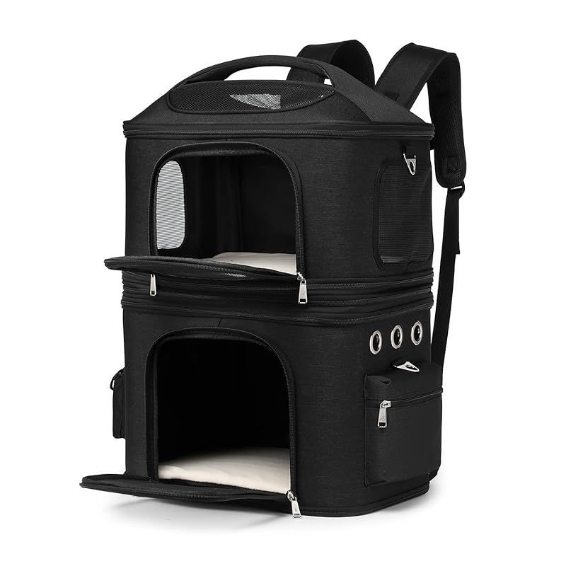 CHINSUKIDA 猫 2匹 リュック 分離可 キャリー 2層 ペット キャリーバッグ 小型犬 ソフトクレート 折りたたみ可 マット付き 2way 通院用 (ブラック） 0