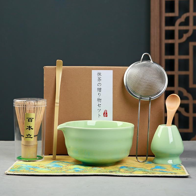 お抹茶7セットSpyFlyLie 初心者さん向け 茶道具 お点前セット お抹茶7点セット 百本立 茶筅 茶筅立て 茶杓 茶さじ 抹茶碗 茶道具セット 抹茶泡立て器セット 敬老の日 父の日 母の日 クリスマス 新年 誕生日 ギフト プレゼント (グリーン, 1