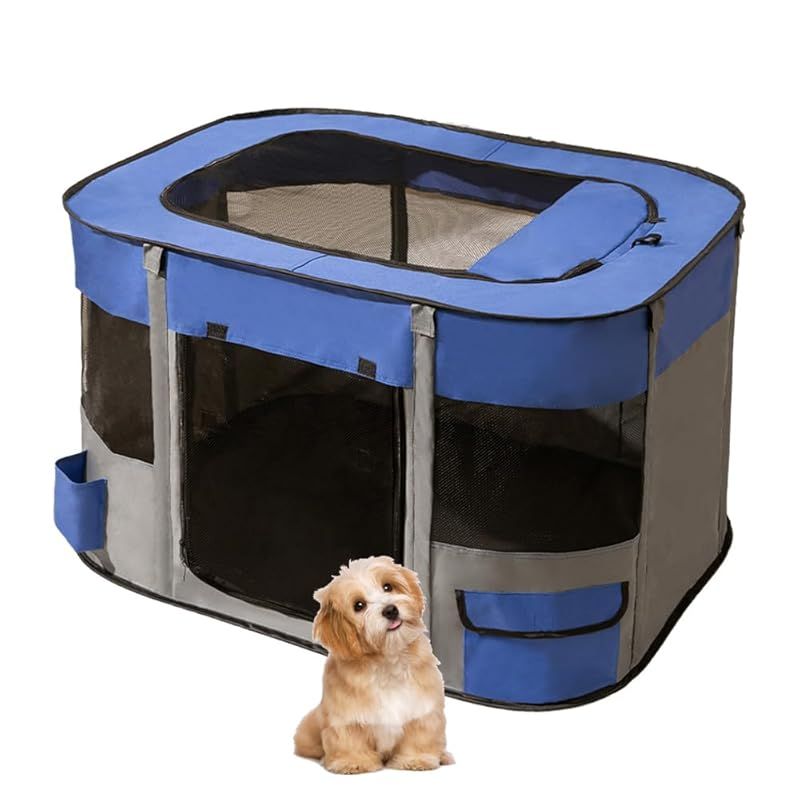 Benebomo ペットサークル 長方形 折りたたみ式 猫 犬 ケージ キャリーバッグ付き 組立簡単 屋根付き 通気 軽量 防災ペットケージ インドア アウトドア コンパクト メッシュサークル(M(80*60*55cm), ブルー) 1