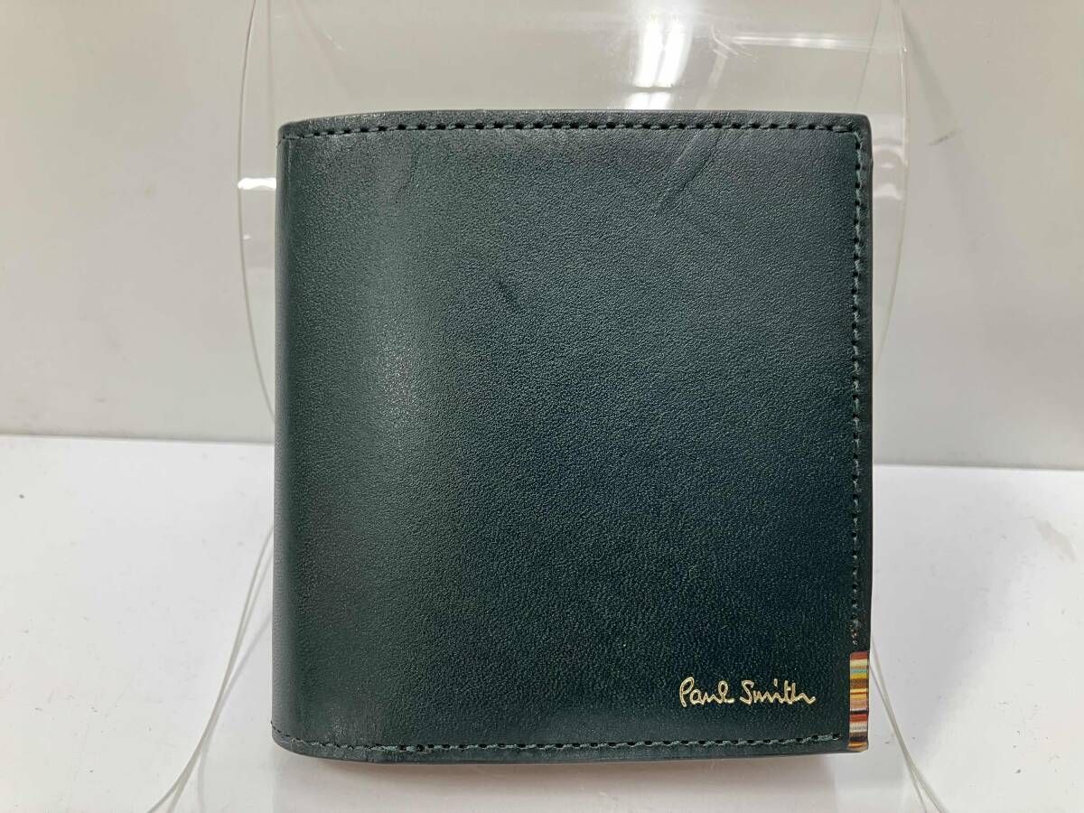 Paul Smith ポールスミス 2つ折り財布 レザー ダークグリーン マルチストライプ ゴールドロゴ 美品