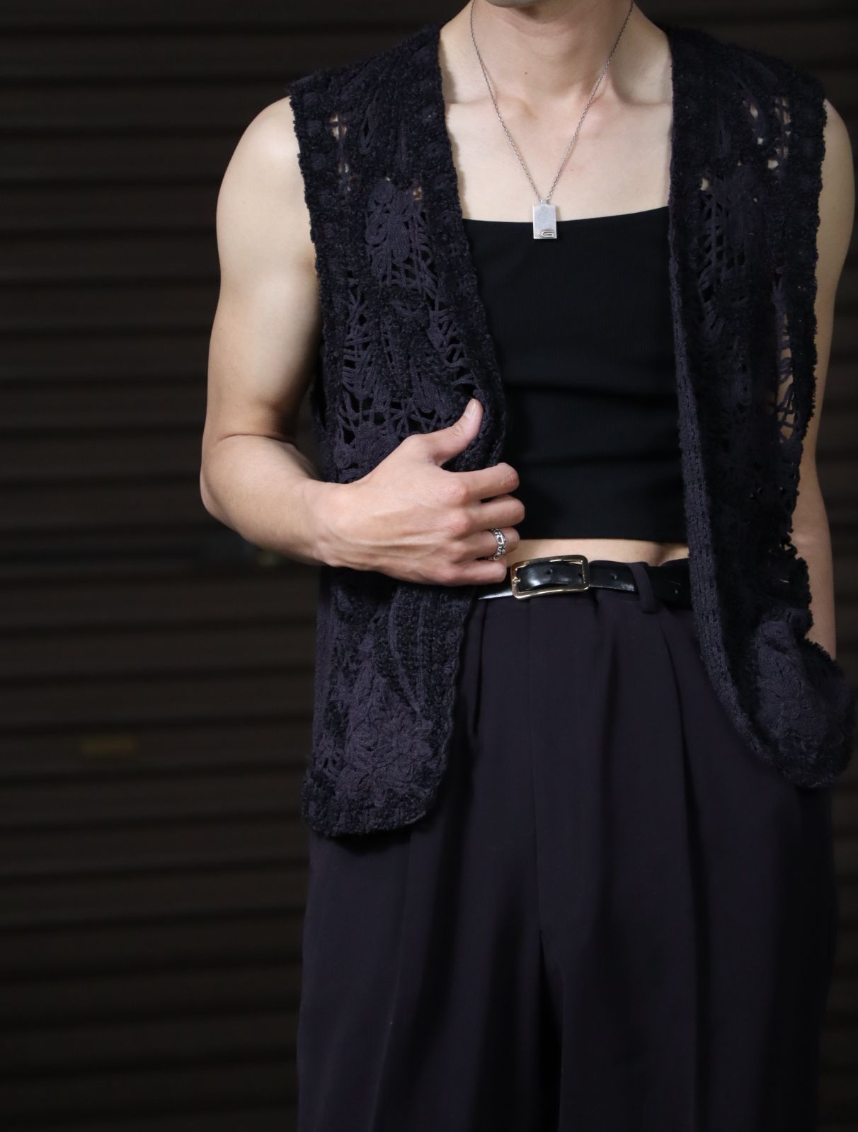 dark tone zakkuri crochet knit gilet 90s 00s ダークトーン ざっくり編み クロシェ ローゲージ ニット ジレ ベスト 黒 紫