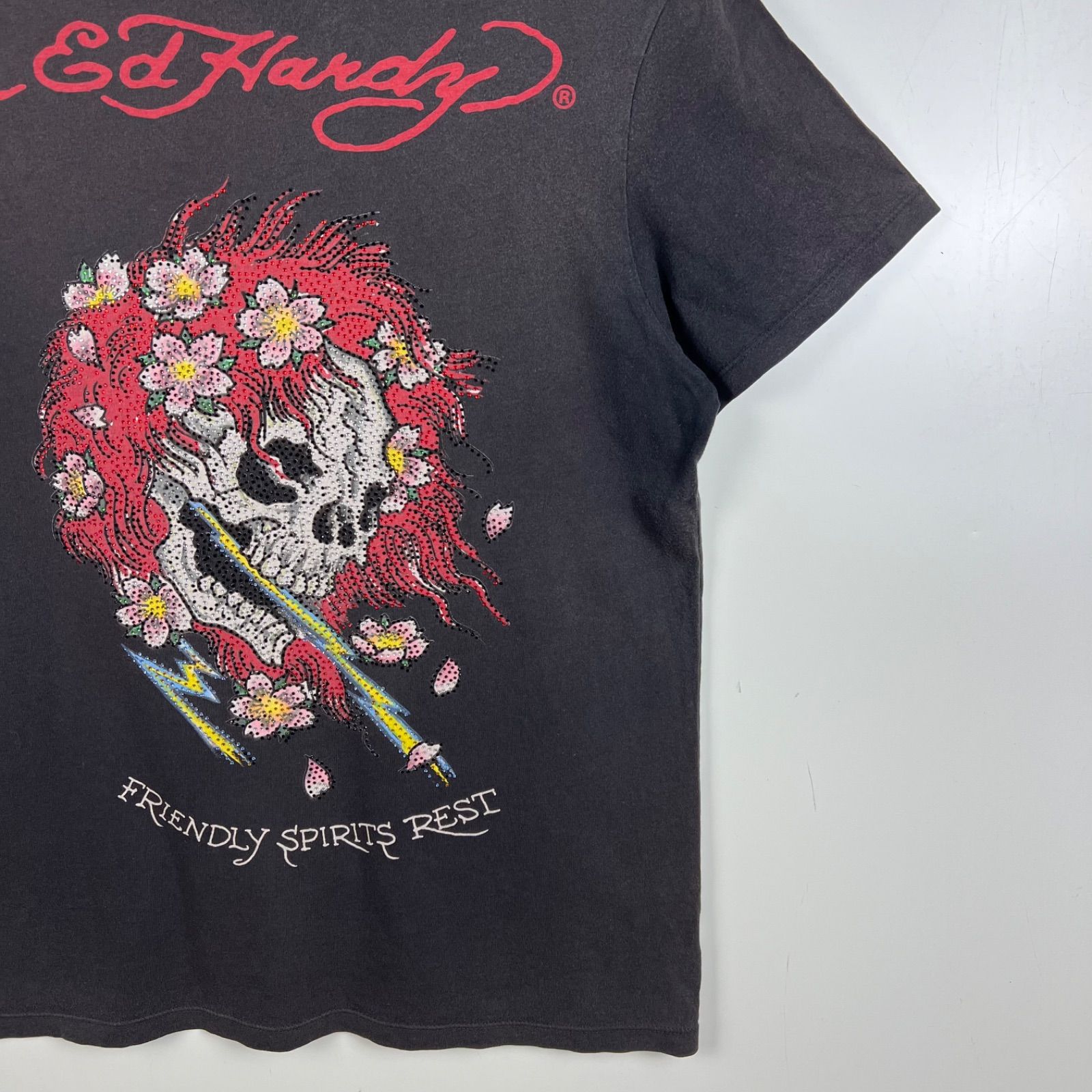 y2k❤️00s Ed Hardy ラブキル スカルロゴ ラインストーン トップス Ed Hardy 00s y2k archive skull girl stone Tee M エドハーディー