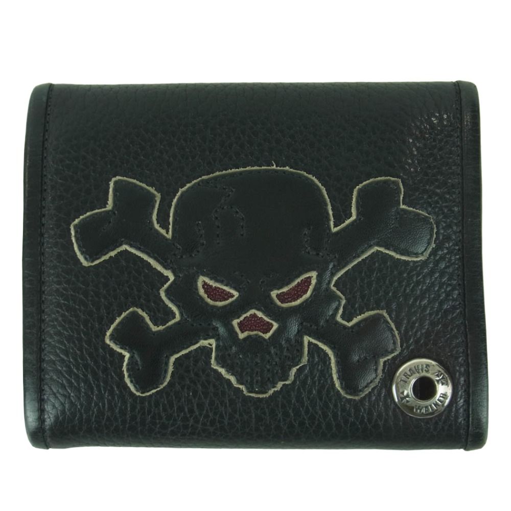 TRAVIS WALKER トラヴィスワーカー クロスボタン スカル レザー ウォレット 財布 アメリカ製 ブラック系【中古】
