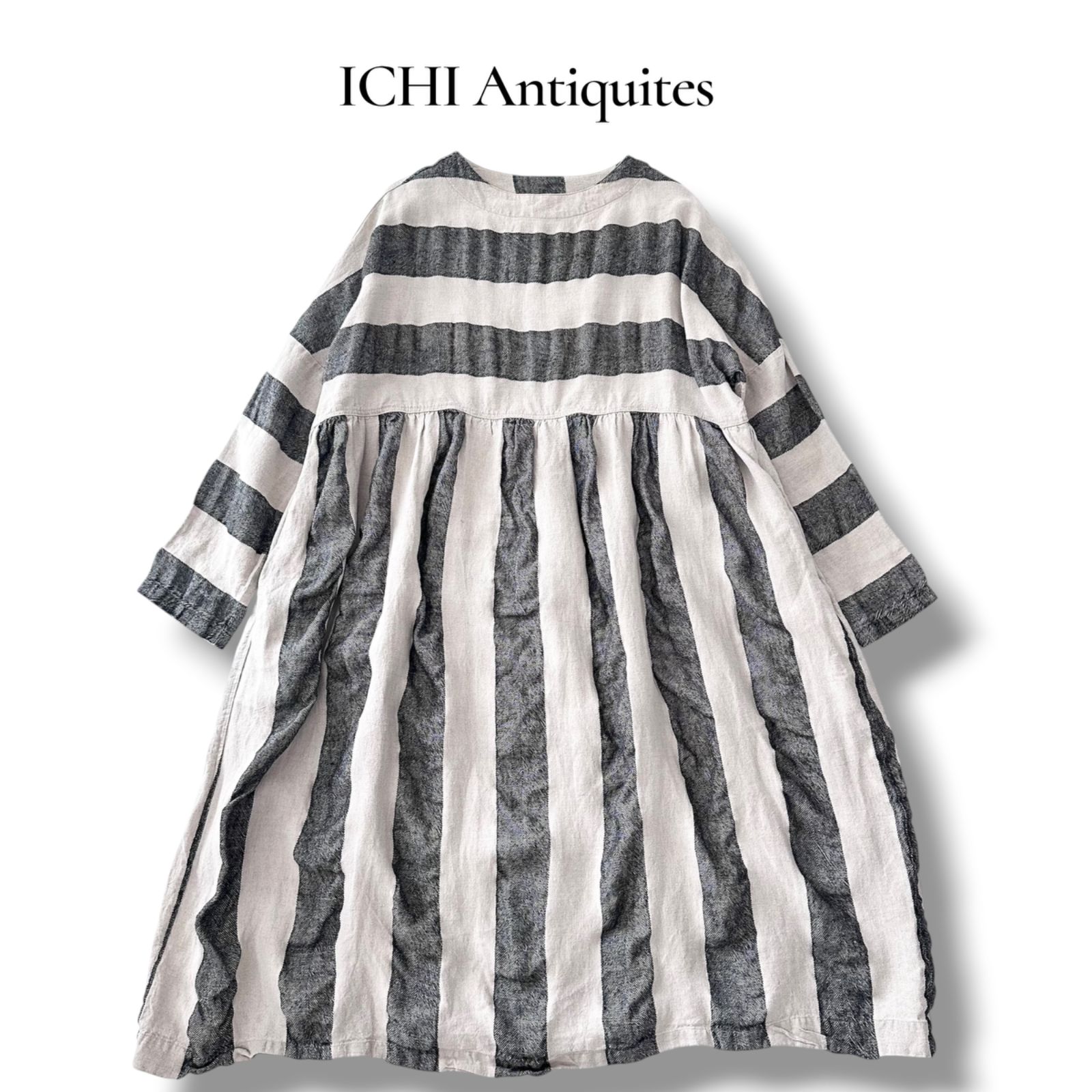 【美品】イチアンティークス ボーダーワンピース リネン100％ 長袖 イチアンティークス ICHI Antiquites スラブボーダー リネン