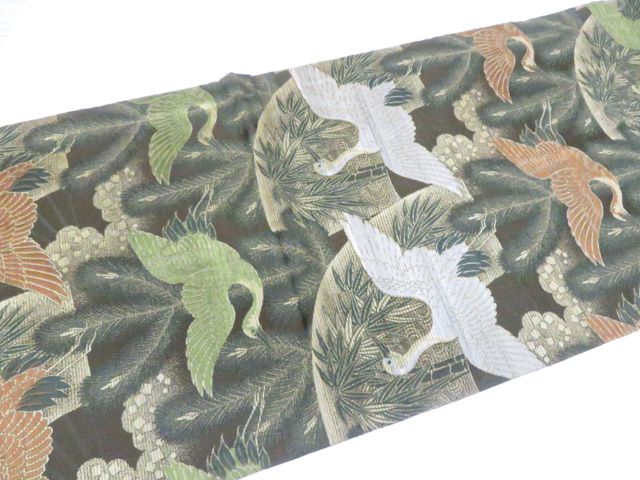 正絹袋帯  朱金  市松 京松】本袋帯 アンティーク 全通 金糸 鶴 松 竹 正絹 kyo8b04-223