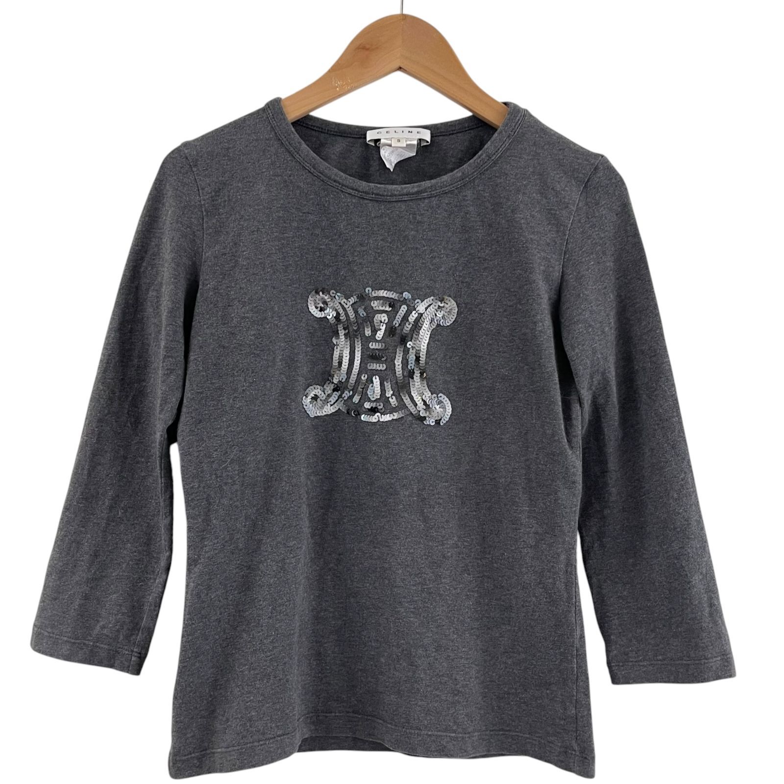 CELINE Tシャツ トリオンフ スパンコール グレー美品 CELINE セリーヌ トリオンフロゴ スパンコール ロゴ 七分丈 Tシャツ