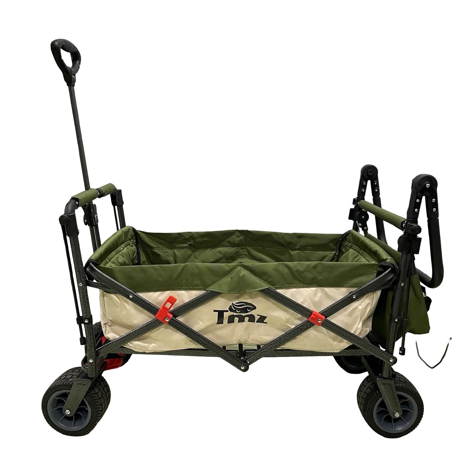 TMZ アウトドアワゴン ルーフ付き 屋根付き 折りたたみ キャリーカート 耐荷重120kg オリーブ キャリーワゴン 日よけ 暑さ対策 キャンプ レジャー BBQ 運動会 荷物運び ワイドタイヤ 砂浜 段差 公園 海水浴 庭 自立収納